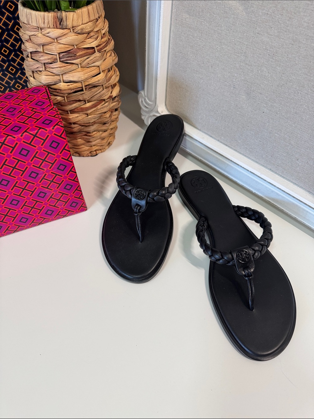 Tory Burch Black Braided Thong Sandals